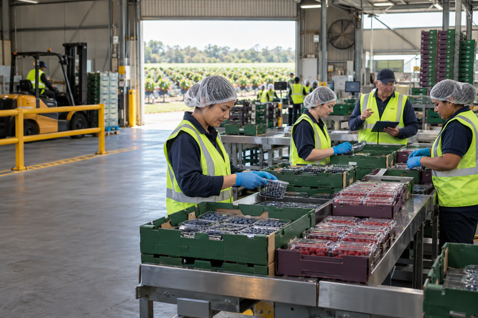 Workers packing berries in an organised packing shed with separated forklift traffic